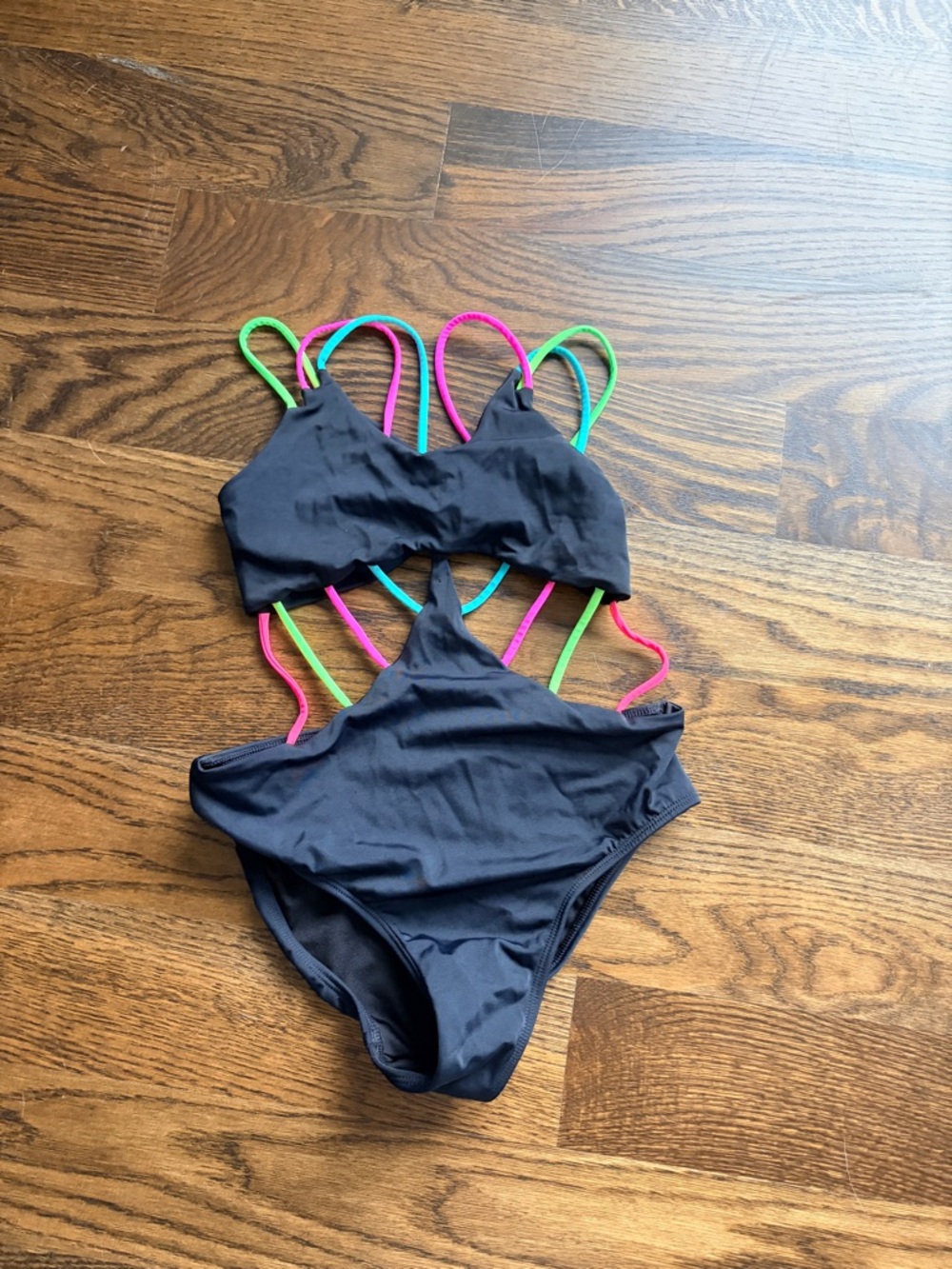 Peixoto Black Swimsuit with Neon Pink, Green & Blue Straps